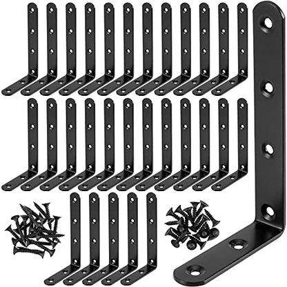 Black L Bracket, ZEONHAK, 30 Pack 5 x 3 Inch Heavy Duty Corner Brace Bracket, Shelf Bracket for Wood Chair Bookshelf Cabinets Furniture, with Screws