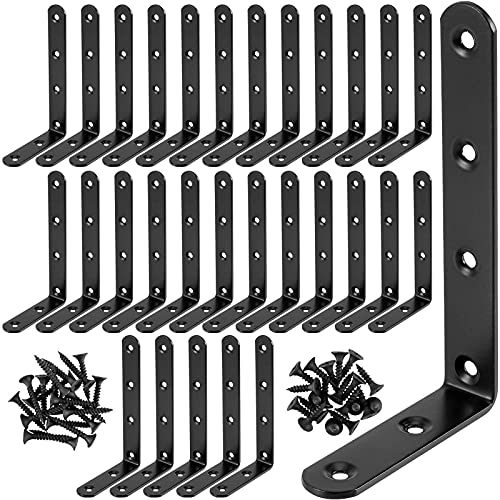 Black L Bracket, ZEONHAK, 30 Pack 5 x 3 Inch Heavy Duty Corner Brace Bracket, Shelf Bracket for Wood Chair Bookshelf Cabinets Furniture, with Screws