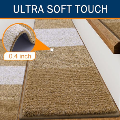 OLANLY Stair Treads Non Slip 15PCS, 8" x 30" Indoor Stair Runners for Wooden Steps, Edging Stair Rugs with Reusable Peel and Stick Adhesive for Kids Elders and Pets, Camel - color: Camel