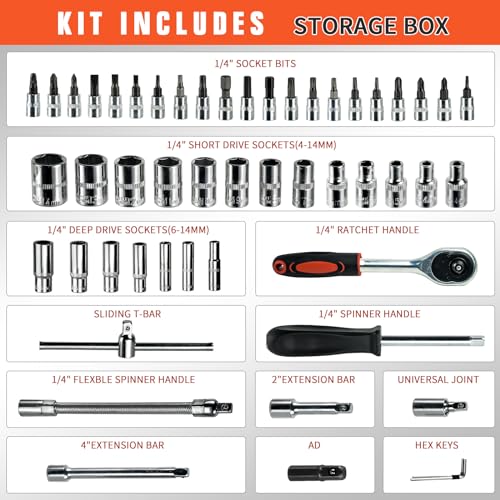 53 Pieces Socket Wrench Set Drive Socket Set with 1/4 Inch Ratcheting Wrench Plastic Toolbox Storage Case for Automotive Repair And Home Use - color: Gjx53s
