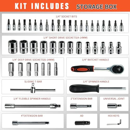 53 Pieces Socket Wrench Set Drive Socket Set with 1/4 Inch Ratcheting Wrench Plastic Toolbox Storage Case for Automotive Repair And Home Use - color: Gjx53s