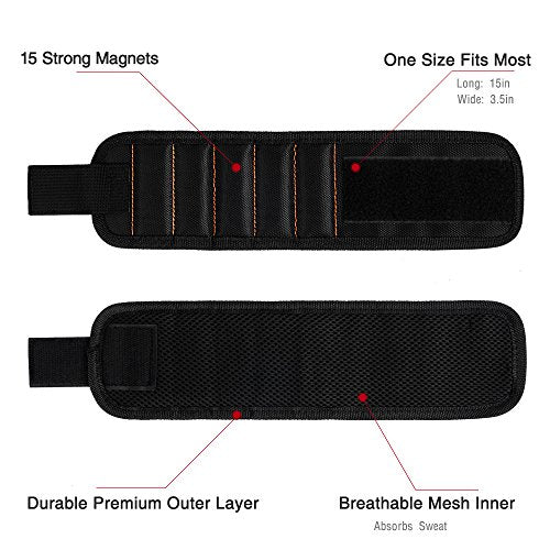 GOOACC GRC-61 1 Pack Wristband with 15 Strong Magnets Screws Nails Drill Bits Holding Best Unique Tool Gift for DIY Handyman Father Dad Husband Boyfriend Men Women,2 Years Warranty - color: Black 1 Pack