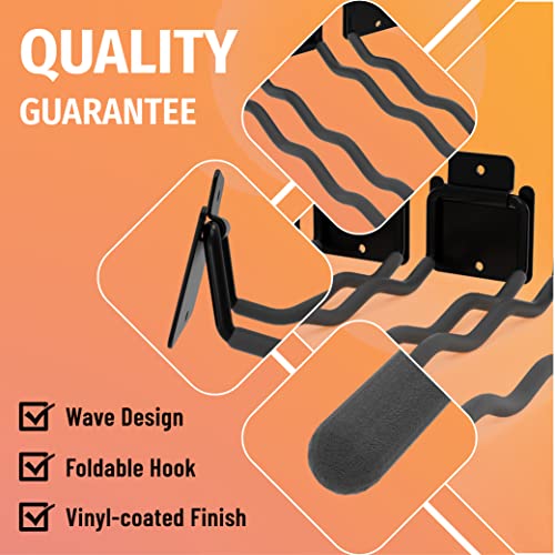 HUHOLE 4 Pack Garage Hooks Heavy Duty – 12 Inch Long Wave Wall Mount Hangers for Ladders, Shovels, Chairs & Garden Tools – Steel Utility Organizer for Garage Storage System (60lb Capacity, Black)