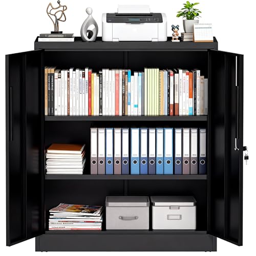 Metal Storage Cabinet, 35" Garage Storage Cabinet with 2 Adjustable Shelves & Lockable Doors, Black Garage Cabinets for Office, Home, Garage, Gym, School - size: 35" H X 15.8" D X 32" W