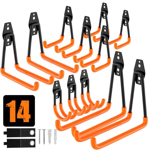 QcoQce 14 Pack Garage Hooks Heavy Duty with 2 Extension Cord Straps,Garage Storage Hooks, Wall Mount Hooks, Garage Organization and Tool Hangers for Bike, Ladder, Ropes and Garden Tools(Orange) - color: Orange, size: 14pack