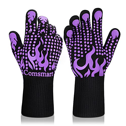 Comsmart BBQ Gloves, 1472 Degree F Heat Resistant Grilling Gloves Silicone Non-Slip Oven Gloves Long Kitchen Gloves for Barbecue, Cooking, Baking(Purple) - color: Purple, size: short