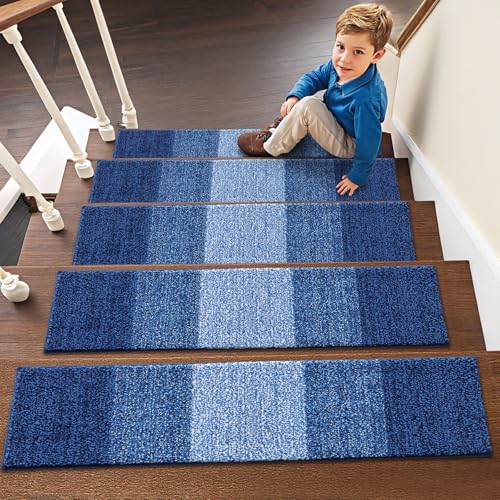 OLANLY Stair Treads Non Slip 15PCS, 8" x 30" Indoor Stair Runners for Wooden Steps, Edging Stair Rugs with Reusable Peel and Stick Adhesive for Kids Elders and Pets, Navy - color: Navy