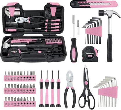 MARTCOLOR 58 Piece Household Tool Set, General Household Hand Tool Kit with Plastic Toolbox Storage Case, All Purpose Household Tool Kit for Women, Girls and Ladies, Pink - color: Pink