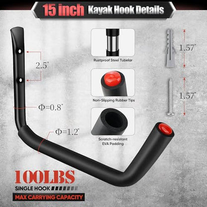Nacial 10 Pack Garage Hooks Heavy Duty, 15" & 3.5" Kayak Storage Hooks with EVA Pads, 100LBS Capacity Large Garage Hooks for Hanging Bikes, Kayak Folding Chairs and Hanging Ladders - size: 10
