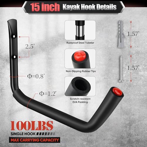 Nacial 12 Pack Garage Hooks Heavy Duty, 15" & 9.8" & 3.5" Kayak Storage Hook with EVA Pads, 100LBS Capacity Garage Hooks for Hanging Bikes, Kayak Folding Chairs and Hanging Ladders - size: 12