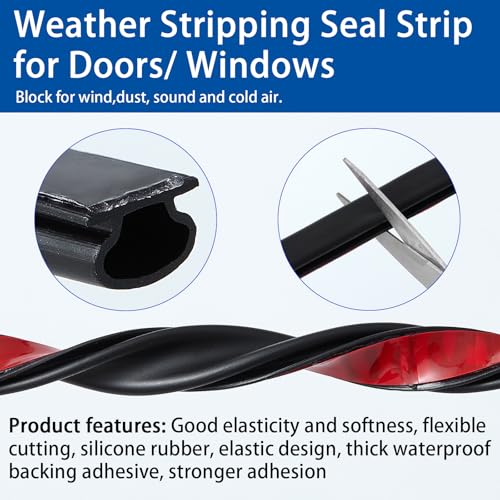 QDiShi Black Rubber D-Shape Weather Stripping Door Seal Strip 0.39x0.23 Inch, Self-Adhesive Soundproofing Gap Draft Stopper for Door Frame, Window, Noise Reduction(20FT) - color: Black