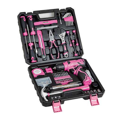 Drill Set for Women, 132 Piece Home Tool Set with 8V Cordless Drill, Tool Kit for Women & Men, Perfect for Homeowner, Diyer, Handyman - color: Pink