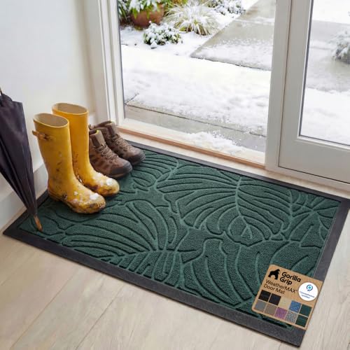 GORILLA GRIP 100% Waterproof All-Season WeatherMAX Doormat, 47x35, US Designed Natural Rubber, Stain and Fade Resistant, Low Profile Indoor Outdoor Door Mats, Easy Clean Patio Mat, Green Palm - color: Green Palm, size: 47" X 35"