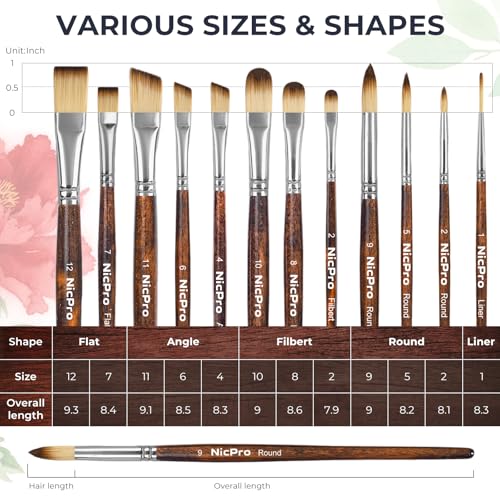 Nicpro 12PCS Artist Paint Brush Set, Craft Paint Brushes for Acrylic Painting, Oil, Watercolor, Gouache, Tempera, Face, Body, Fabric, Model, Art Supplies Paintbrushes for Artists Beginners (Wood) - color: Brown Wood