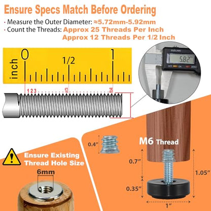 NEWBYTEK M6 Adjustable Furniture Leveler, 12 Pack Rubber Leveling Feet Screws in Threaded, Feet Levelers Screw On Furniture Glide Leveling for Table, Chair, Furniture Legs (with Insert nut) - size: Metric M6 | Install Kit (With Nut)