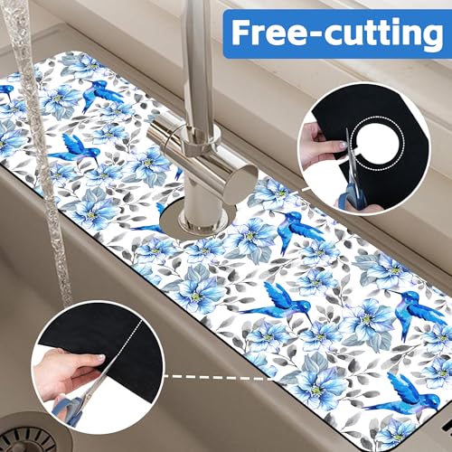 Kitchen Sink Splash Guard Faucet Mat Blue Floral and Hummingbird Absorbent Fast Drying Mat Faucet Draining Mat Sink Splash Guard Behind Faucet Drip Catcher for Kitchen Bathroom 24" X 5.5" - size: 5.5"x24"