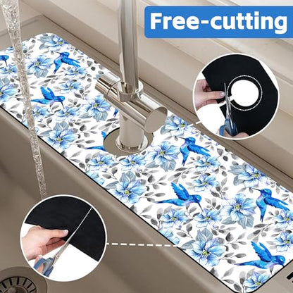 Kitchen Sink Splash Guard Faucet Mat Blue Floral and Hummingbird Absorbent Fast Drying Mat Faucet Draining Mat Sink Splash Guard Behind Faucet Drip Catcher for Kitchen Bathroom 24" X 5.5" - size: 5.5"x24"