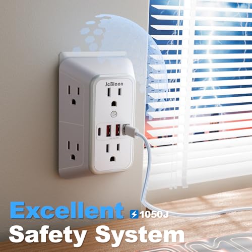 JcBlaon Surge Protector Outlet Extender 6 Outlet Extender with 4 USB Ports (PD 30W), 3 Sided 1050J Multi Plug Wall Adapter Power Strip for Home Travel Office Essentials - color: White PD30W 1PC