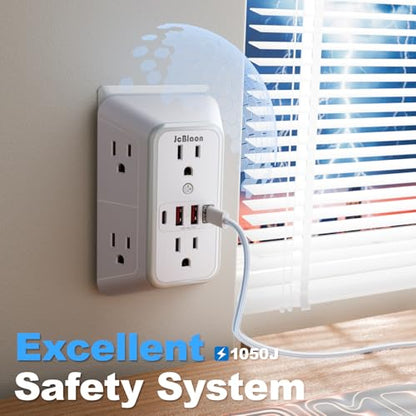 JcBlaon Surge Protector Outlet Extender 6 Outlet Extender with 4 USB Ports (PD 30W), 3 Sided 1050J Multi Plug Wall Adapter Power Strip for Home Travel Office Essentials - color: White PD30W 1PC