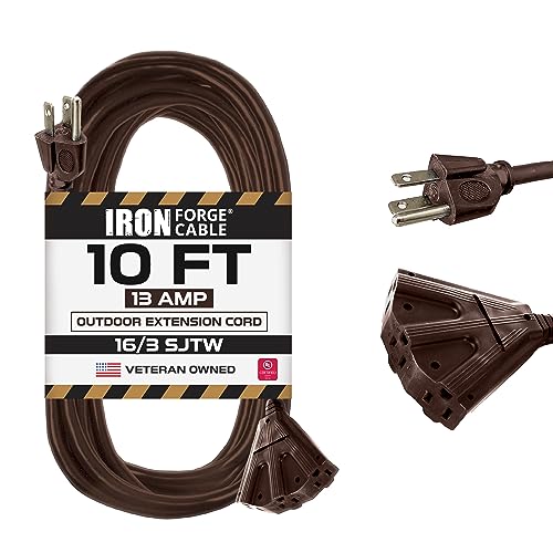 Iron Forge Cable 10ft Brown Outdoor Extension Cord with 3 Outlets - 16/3 SJTW 10ft Extension Cord 3 Prong, 13 Amp All-Weather Heavy Duty Power Cable - color: Brown, size: 10FT