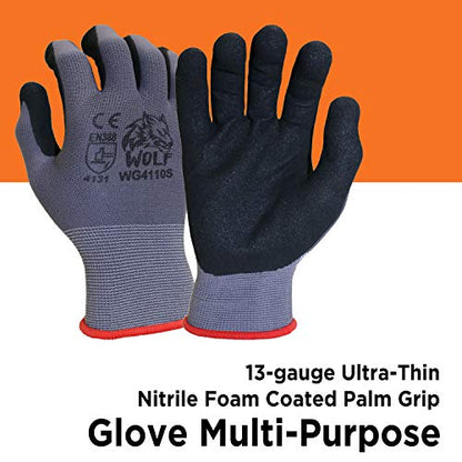WOLF Ultra-Thin Nitrile Foam Palm Coated Glove with Tacky Dot Grip, Multi Purpose - size: Medium (Pack of 12), style: 13-gauge No Dots