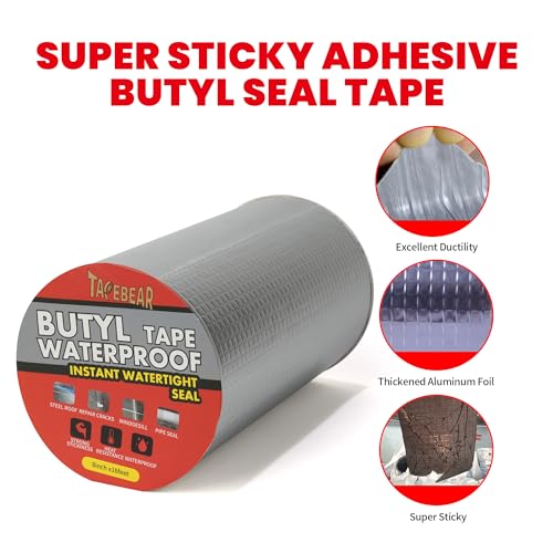 TAPEBEAR Butyl Tape Waterproof Sealing Tape 8inch x 16feet, Upgraded Aluminum Foil Tape Heavy Duty for RV Repair, Awning, Window, Glass & EDPM Roof Leak Patching, Boat and Pipe Sealing, Silver - size: 8inch x16.4feet