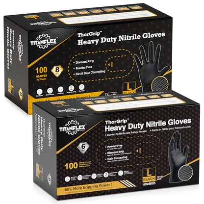 TitanFlex ThorGrip Heavy Duty Black Industrial Nitrile Gloves, Large, Box of 100, Latex Free, Raised Diamond Texture, Powder Free, Food Safe, Mechanic Gloves