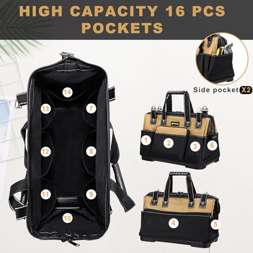 17 IN Large Tool Bag For Men Heavy Duty, Drill Bag Tool Bag Organizer, Wide Mouth Waterproof Hard Bottom Multiple Pockets Tool Tote, Tool Caddy, Maintenance - size: 17 Inch