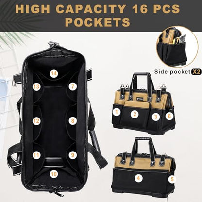 20 IN Large Tool Bag For Men Heavy Duty, Drill Bag Tool Bag Organizer, Wide Mouth Waterproof Hard Bottom Multiple Pockets Tool Tote, Tool Caddy, Maintenance - size: 20 Inch