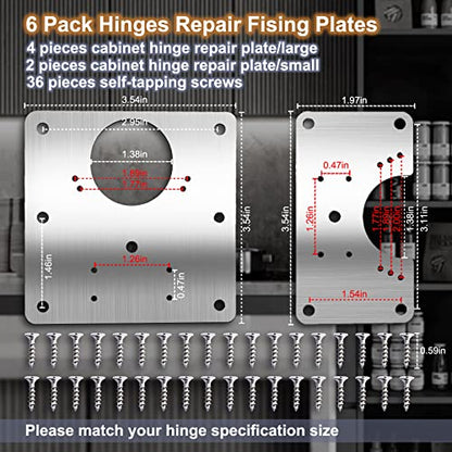 6 PCS Cabinet Hinge Repair Plate, Hinges Repair Fixing Plates, Stainless Steel Cabinet Repair Board, Kitchen Cupboard Door Hinge Repair Brackets Kit, Cabinet Fixing Plate Bracket with Mounting Screw - size: Large & Small