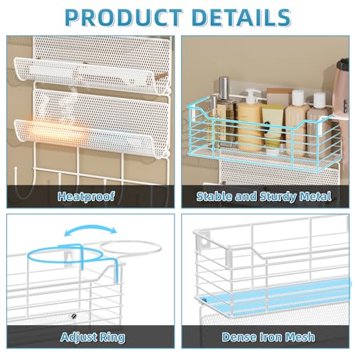 VITVITI Metal Hair Tool Organizer Wall Mount, Hair Dryer Holder with 3 Tier Shelf Basket Hooks, Bathroom Hair Styling Tool Organizer for Curling Iron/Blow Dryer/Straightener, White - color: 4 Tiers White