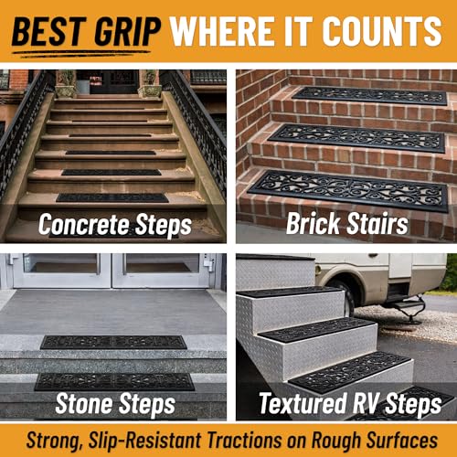 Ottomanson Outdoor Rubber Stair Treads – Scroll Classic Heavy-Duty Non-Slip Stair Mats – Best Grip on Concrete, Brick & Textured Step – Fastening Recommended for Wooden & RV Steps, Pack of 5 - color: Black Scroll Classic