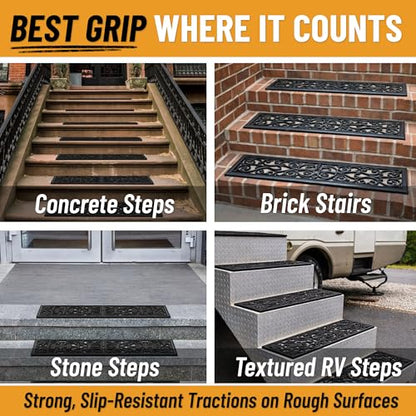 Ottomanson Outdoor Rubber Stair Treads – Scroll Classic Heavy-Duty Non-Slip Stair Mats – Best Grip on Concrete, Brick & Textured Step – Fastening Recommended for Wooden & RV Steps, Pack of 5 - color: Black Scroll Classic