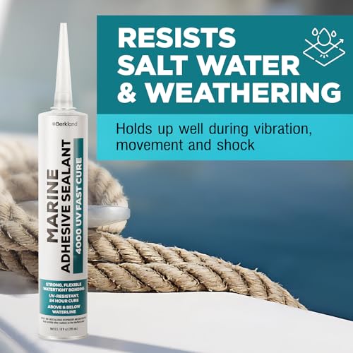 Marine Adhesive Sealant 4000 UV, 10 oz White — Semi-Permanent Watertight Bond Above & Below Waterline, UV Resistant Marine Caulk for Boats, Decks, Hatches & Fittings by Berkland, Compare to 4200