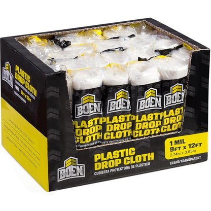 BOEN 9x12 Clear Plastic Drop Cloth – 24-Pack 1 Mil Painters Plastic Sheeting Roll – Waterproof Disposable Tarp for Painting, Furniture, Dust Protection & Window Insulation – Contractor-Grade Bulk Case - size: 1 Mil - 24-Case