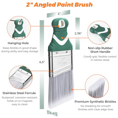 3 Pack 2 Inch Angled Paint Brush Set, Synthetic Bristles, Easy Grip Rubber Short Handle, Smooth Finishes Paint Brushes for Painting Walls, Cabinets, Sash, Edge, Corner, Cut in, Trim, Touch up