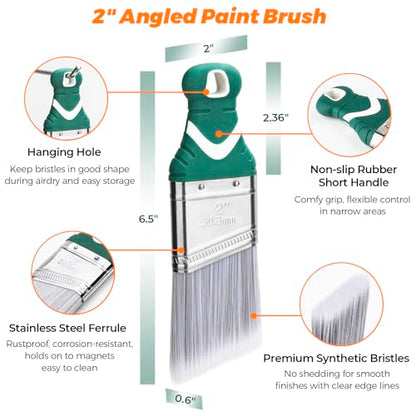 3 Pack 2 Inch Angled Paint Brush Set, Synthetic Bristles, Easy Grip Rubber Short Handle, Smooth Finishes Paint Brushes for Painting Walls, Cabinets, Sash, Edge, Corner, Cut in, Trim, Touch up