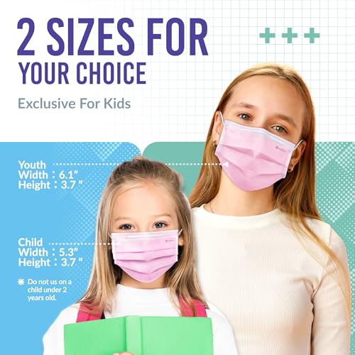 Medtecs Kids Face Mask Disposable - 2 Sizes Option (Child/Youth) 50 PCs - Comfy 3-Ply Breathable Children Masks, The Better Choice - Youth | Pink - color: 09. Pink, size: Youth - 50 PC