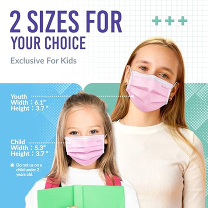 Medtecs Kids Face Mask Disposable - 2 Sizes Option (Child/Youth) 50 PCs - Comfy 3-Ply Breathable Children Masks, The Better Choice - Youth | Pink - color: 09. Pink, size: Youth - 50 PC