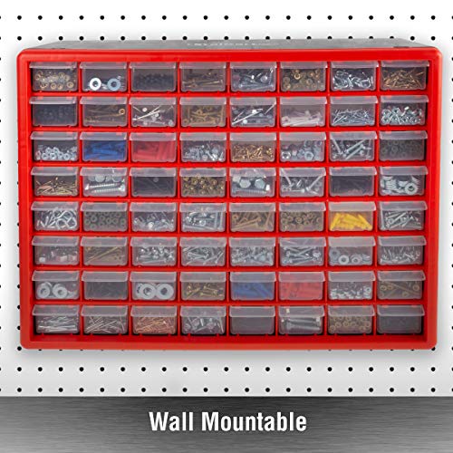 64-Drawer Storage Organizer - Plastic Drawers for Organization - Desktop or Wall-Mounted Container for Hardware, Tools, and Beads by Stalwart (Red) - style: 64 Drawers