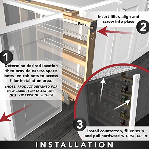 Rev-A-Shelf Pullout Shelf Organizer for Base Kitchen or Bathroom Cabinets, Wood Filler Pantry Storage or Spice Rack, Maple, 3" x 23" x 30", 432-BF-3C - size: 3" W