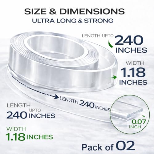 Heavy Duty Double Sided Tape 2 Rolls – 240" x 1.18" Clear Removable Nano Mounting Tape for Poster, Carpet, Rug, Picture Hanging & DIY – Strong Adhesive Multipurpose Two Stick Sided Tape 20 Feet - size: 1.18" x 20 Feet