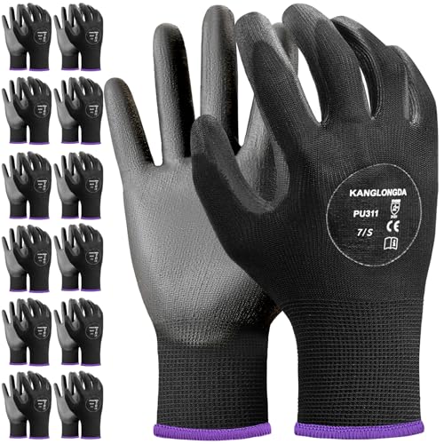 Kebada Safety Work Gloves, 12 Pairs Work Gloves with Grip, PU Coated Grip Gloves for Warehouse, Construction, Gardening and Mechanics, Black, Small - color: Black-311, size: Small