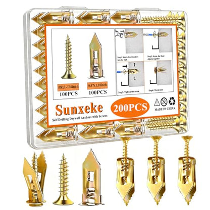 200Pcs Self Drilling Drywall Anchors with Screws Kit, 100 Sheetrock Anchors (0.47x1.18inch) & 100#8x1-1/4inch Zinc Screws, No Drill Needed, for Picture Frames, Wall Hanging, Art, Shelves - size: 0.47x1.18 Inch-200pcs