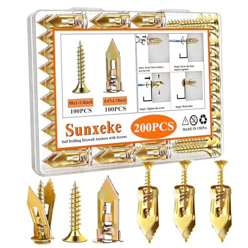 200Pcs Self Drilling Drywall Anchors with Screws Kit, 100 Sheetrock Anchors (0.47x1.18inch) & 100#8x1-1/4inch Zinc Screws, No Drill Needed, for Picture Frames, Wall Hanging, Art, Shelves - size: 0.47x1.18 Inch-200pcs