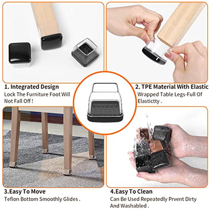 Ezprotekt Chair Leg Sliders for Carpet, 24 Pcs Square Chair Glides for Carpet, Carpet Furniture Pads Stool Leg Protectors Caps, Carpet Furniture Glides Quickly and Easily (L Fit:1" - 1.4") - size: L - Clear