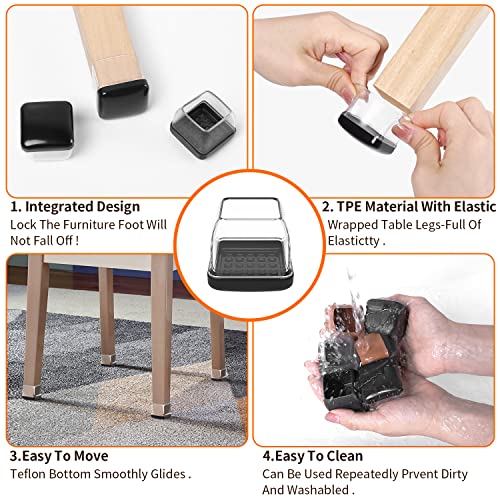 Ezprotekt Chair Leg Sliders for Carpet, 24 Pcs Square Chair Glides for Carpet, Carpet Furniture Pads Stool Leg Protectors Caps, Carpet Furniture Glides Quickly and Easily (L Fit:1" - 1.4") - size: L - Clear