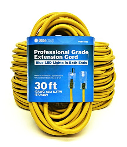 OdorStop Extension Cords with Blue LED Lights on Both Ends (12/3, 30 ft) - size: 12/3, 30 ft