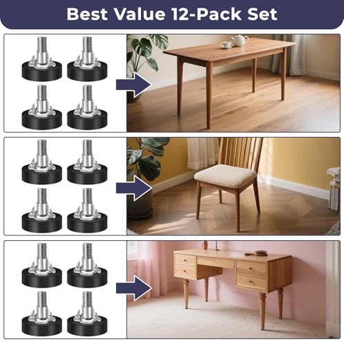 Adjustable Furniture Leveling Feet 12 Packs 1/4 Inch Threaded Table Feet Levelers Kit with 12 Claw Nail Nuts for Table Desk Chair Stool Cabinet (12)