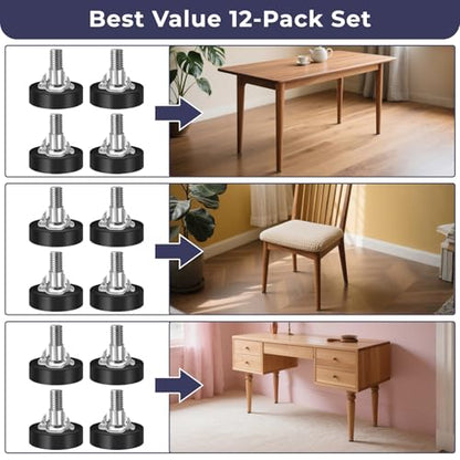 Adjustable Furniture Leveling Feet 12 Packs 1/4 Inch Threaded Table Feet Levelers Kit with 12 Claw Nail Nuts for Table Desk Chair Stool Cabinet (12)